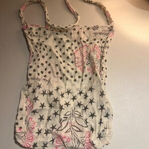 Free People Shoulder Bag Tote, Linen Semi Sheer, Boho Floral, Black/Pink/Ivory